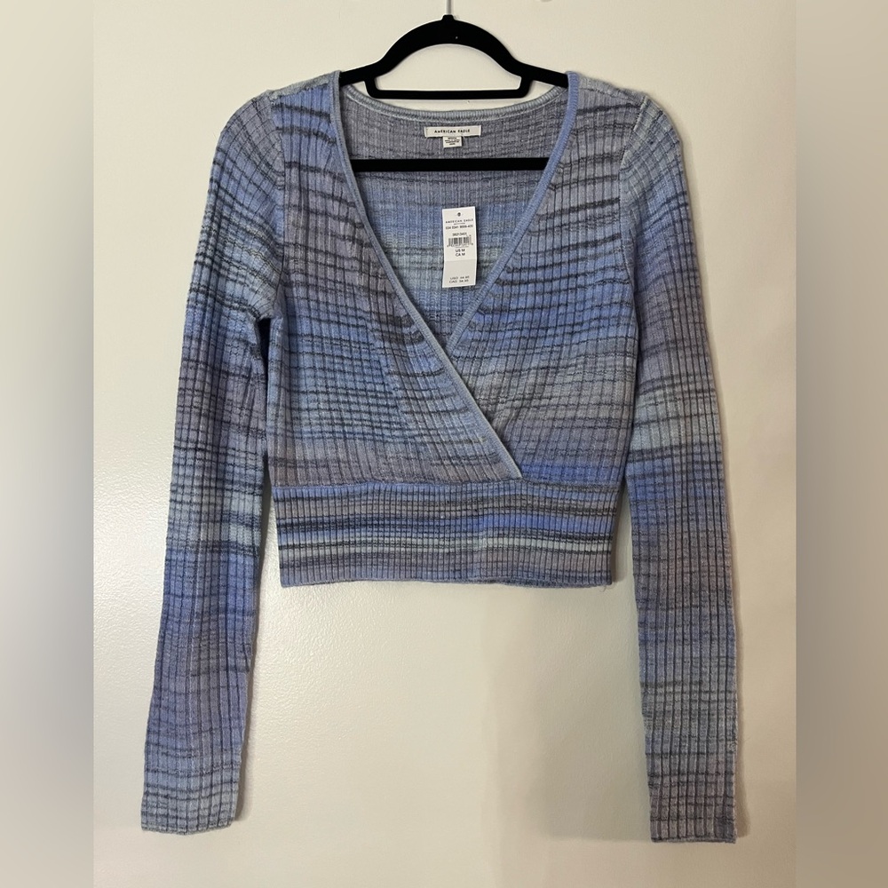 American Eagle Outfitters Blue Cropped V-Neck Wrap Striped Ribbed Sweater NWT!